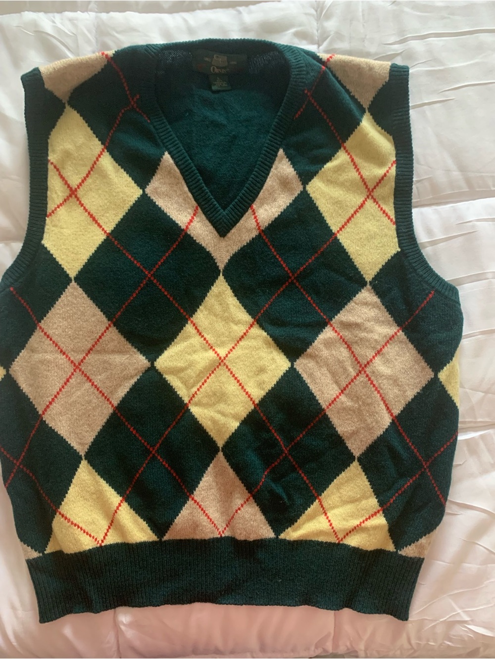 Men’s Orvis V-Neck Argyle Lambswool Sweater Vest Large Green/Yellow/Tan/Red